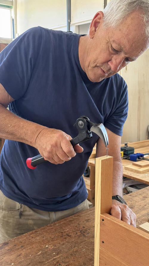 A man starting a nail in a timber post with the claw hammer in a workshop