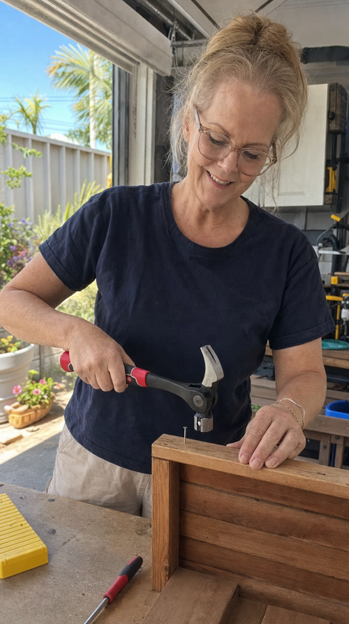 A woman starting a nail in a wooden frame with the claw hammer