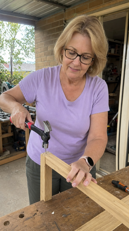 A woman steadying a nail in a timber frame while she uses the claw hammer