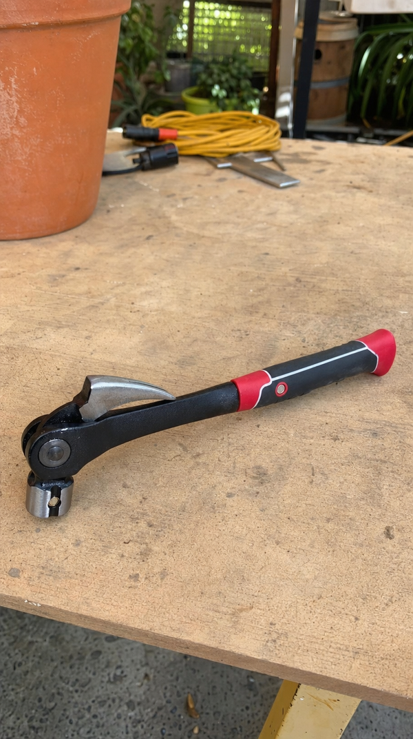 The claw hammer lying on a workbench with its claw and head turned to the side