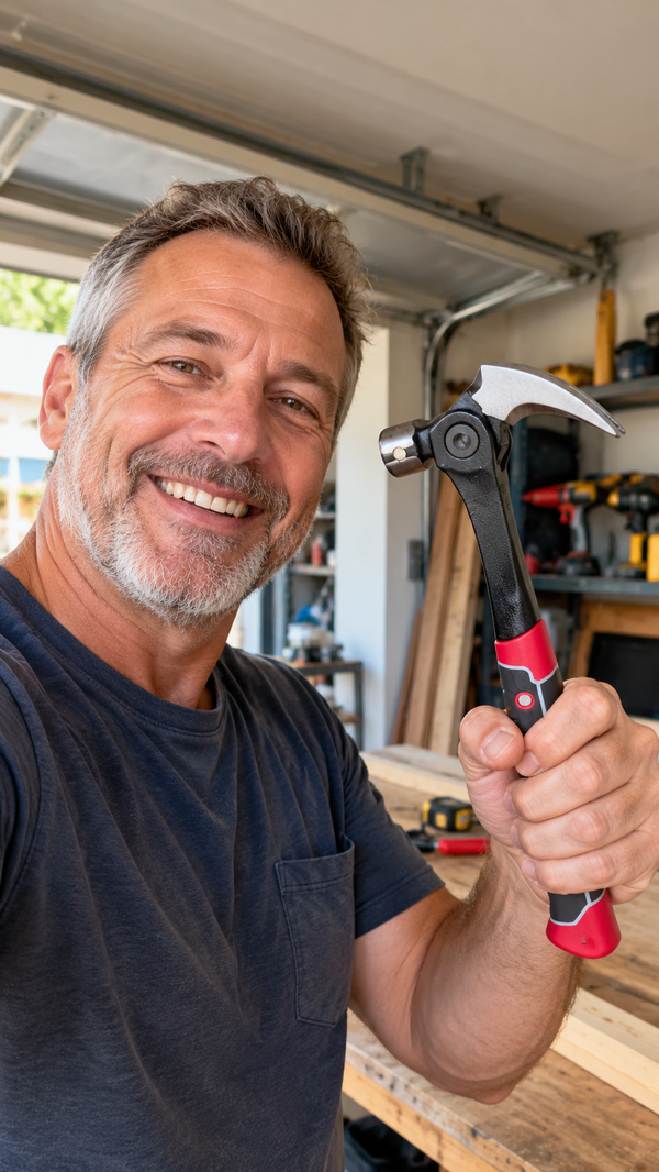 A smiling man holding the claw hammer in a garage workshop