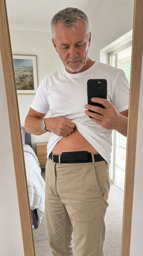 Man in a mirror lifting his shirt to show a hidden money belt pouch worn behind his belt