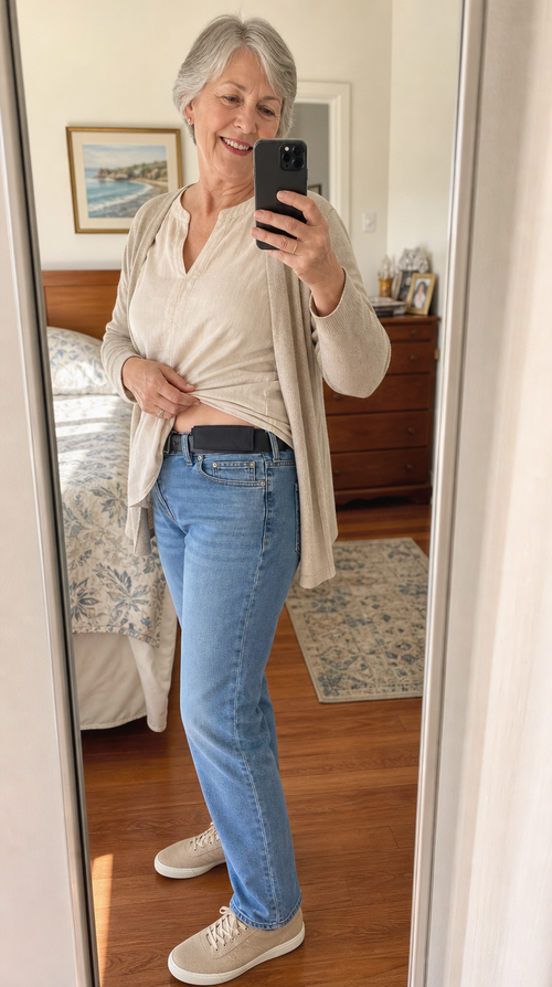 Smiling woman in jeans showing the hidden money belt pouch discreetly under her top