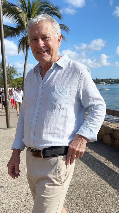 Smiling man walking along the waterfront with the hidden money belt pouch on his belt