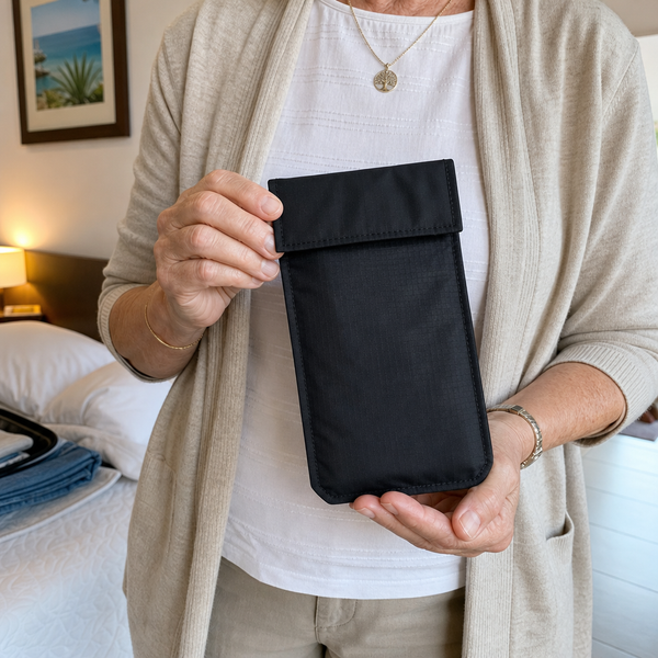 Black ripstop hidden travel money belt pouch with flap closure held in both hands
