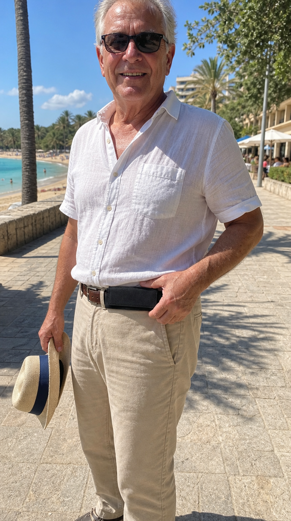 Man in a linen shirt on a seaside promenade wearing the hidden money belt pouch